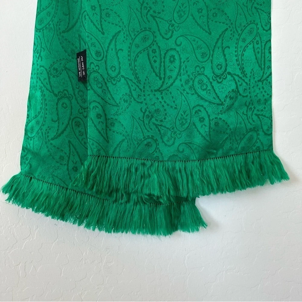 Vintage Specialty House Green Paisley Fringe 100% Silk Scarf